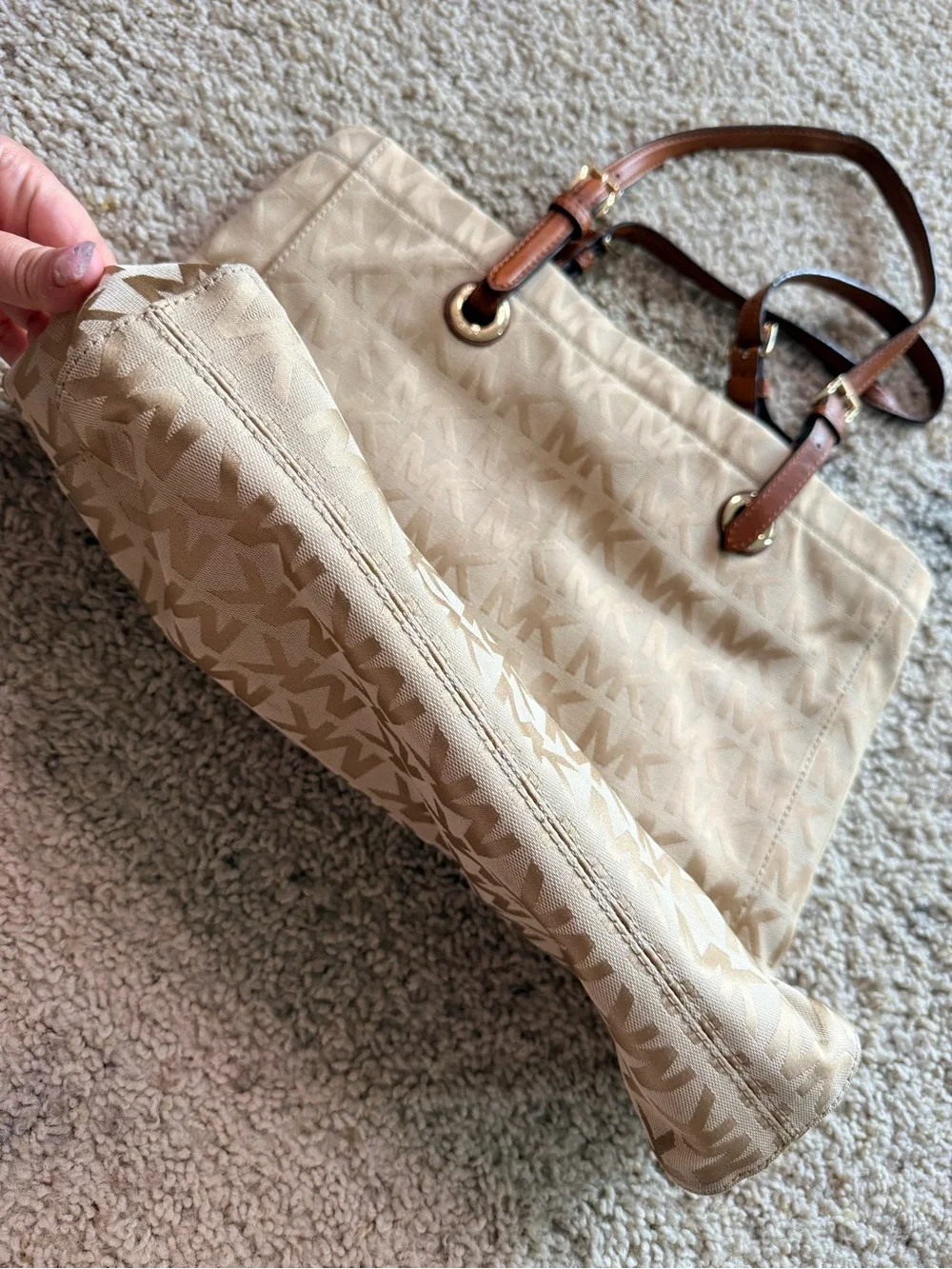 Michael Kors Beige MK Logo Canvas & Leather Tote Bag